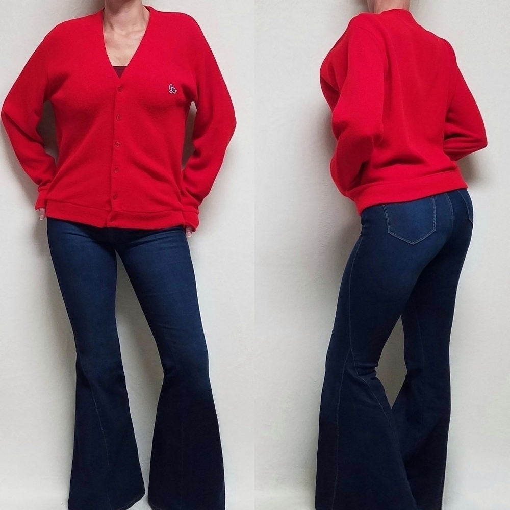 50s Vintage Sportswear Red Orlon Knit Turtle Emblem V-neck Long Sleeve Cardigan